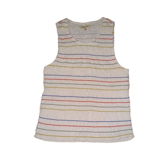 Madewell Tops - Madewell Rainbow Multicolor Embroidered Striped Rouched Cream Tank Top